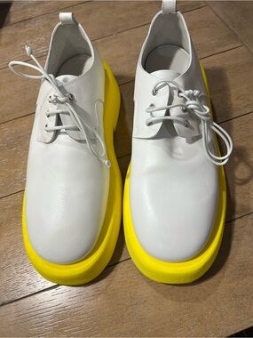 Marsell White Leather Lace-Up Shoes with Bright Yellow Platform Soles -MSRP $368